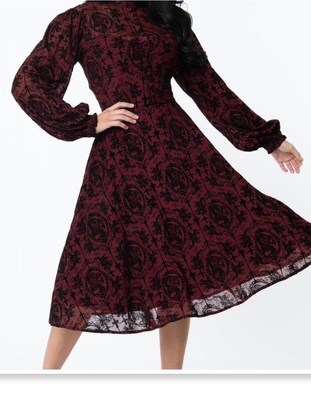 Unique Vintage Burgundy La Catrina Velvet Burnout Leota Swing Dress Size M